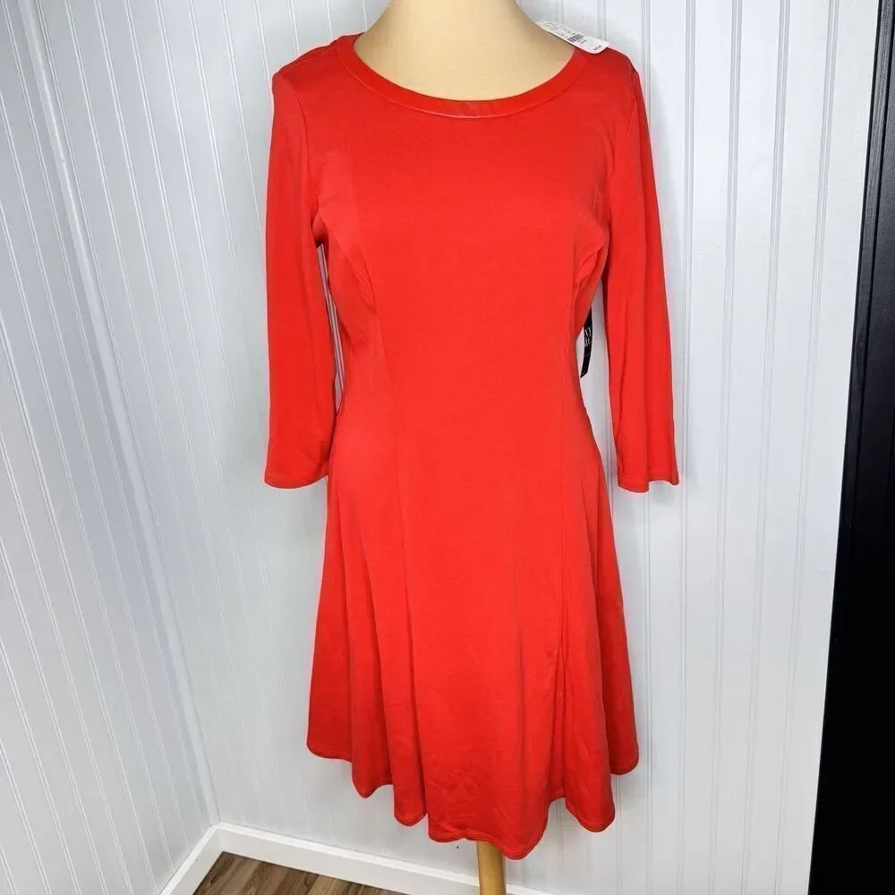 New York & Company Sz L 100% Cotton Long Sleeves Red Dress A-Line Boat Neck NWT